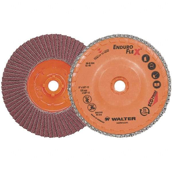 WALTER Surface Technologies - 40 Grit, 5" Disc Diam, 5/8-11 Center Hole, Zirconia Alumina Flap Disc - 13,300 Max RPM, Plastic Backing, Arbor Attaching System, Coated - Caliber Tooling