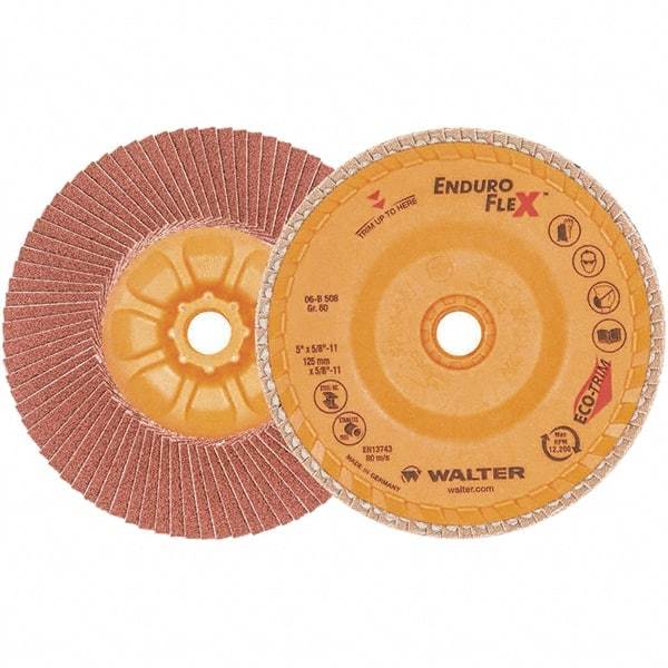 WALTER Surface Technologies - 80 Grit, 5" Disc Diam, 5/8-11 Center Hole, Zirconia Alumina Flap Disc - 13,300 Max RPM, Plastic Backing, Arbor Attaching System, Coated - Caliber Tooling