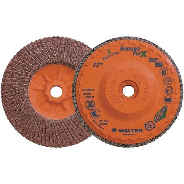 WALTER Surface Technologies - 40 Grit, 5" Disc Diam, 5/8-11 Center Hole, Zirconia Alumina Flap Disc - 8,600 Max RPM, Plastic Backing, Arbor Attaching System, Coated - Caliber Tooling