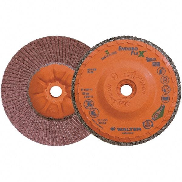 WALTER Surface Technologies - 60 Grit, 5" Disc Diam, 5/8-11 Center Hole, Zirconia Alumina Flap Disc - 8,600 Max RPM, Plastic Backing, Arbor Attaching System, Coated - Caliber Tooling