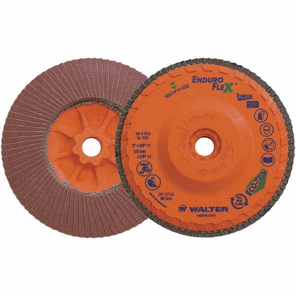 WALTER Surface Technologies - 120 Grit, 5" Disc Diam, 5/8-11 Center Hole, Zirconia Alumina Flap Disc - 8,600 Max RPM, Plastic Backing, Arbor Attaching System, Coated - Caliber Tooling