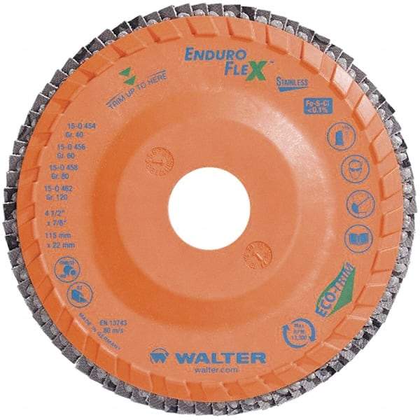 WALTER Surface Technologies - 40 Grit, 4-1/2" Disc Diam, 7/8" Center Hole, Zirconia Alumina Flap Disc - 13,300 Max RPM, Plastic Backing, Arbor Attaching System, Coated - Caliber Tooling