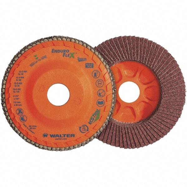 WALTER Surface Technologies - 60 Grit, 4-1/2" Disc Diam, 7/8" Center Hole, Zirconia Alumina Flap Disc - 13,300 Max RPM, Plastic Backing, Arbor Attaching System, Coated - Caliber Tooling