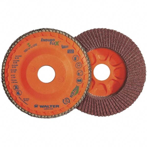 WALTER Surface Technologies - 80 Grit, 4-1/2" Disc Diam, 7/8" Center Hole, Zirconia Alumina Flap Disc - 13,300 Max RPM, Plastic Backing, Arbor Attaching System, Coated - Caliber Tooling