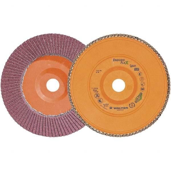 WALTER Surface Technologies - 40 Grit, 7" Disc Diam, 7/8" Center Hole, Zirconia Alumina Flap Disc - 8,600 Max RPM, Plastic Backing, Arbor Attaching System, Coated - Caliber Tooling