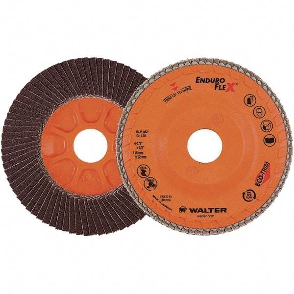 WALTER Surface Technologies - 120 Grit, 4-1/2" Disc Diam, 7/8" Center Hole, Zirconia Alumina Flap Disc - 13,300 Max RPM, Plastic Backing, Arbor Attaching System, Coated - Caliber Tooling