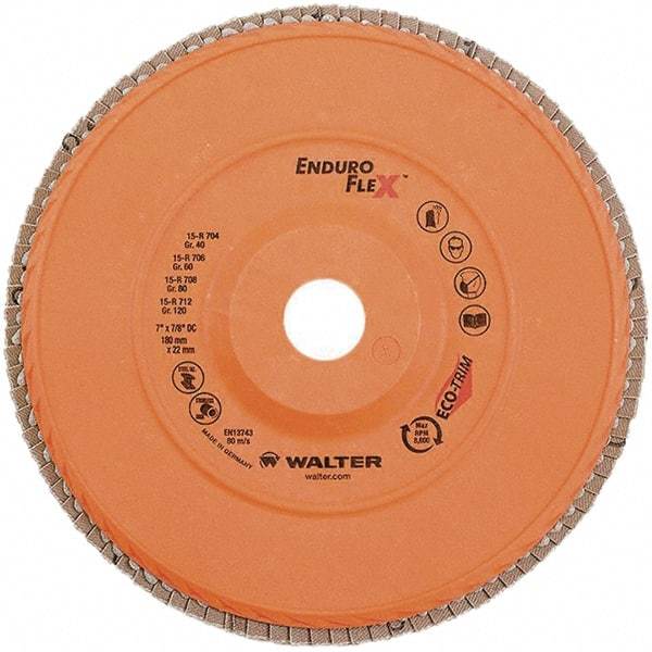 WALTER Surface Technologies - 120 Grit, 7" Disc Diam, 7/8" Center Hole, Zirconia Alumina Flap Disc - 8,600 Max RPM, Plastic Backing, Arbor Attaching System, Coated - Caliber Tooling