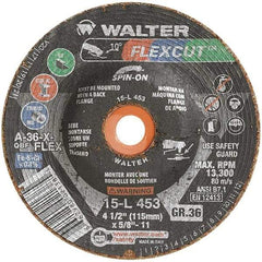 WALTER Surface Technologies - 4-1/2" Diam x 5/8" Hole, 36 Grit Surface Grinding Wheel - Aluminum Oxide, Very Coarse Grade, 13,300 Max RPM - Caliber Tooling