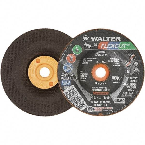 WALTER Surface Technologies - 4-1/2" Diam x 5/8" Hole, 60 Grit Surface Grinding Wheel - Aluminum Oxide, Medium Grade, 13,300 Max RPM - Caliber Tooling