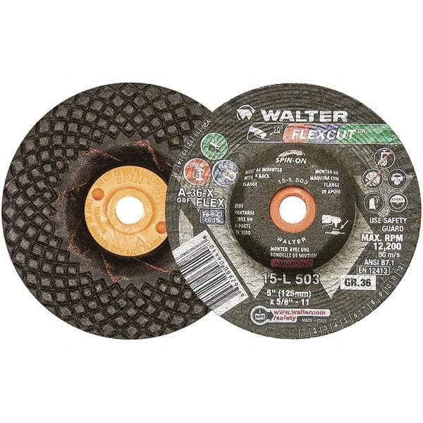 WALTER Surface Technologies - 5" Diam x 5/8" Hole, 36 Grit Surface Grinding Wheel - Aluminum Oxide, Very Coarse Grade, 12,200 Max RPM - Caliber Tooling