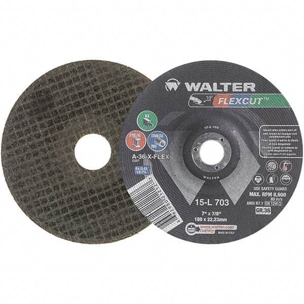 WALTER Surface Technologies - 7" Diam x 7/8" Hole, 36 Grit Surface Grinding Wheel - Aluminum Oxide, Very Coarse Grade, 8,600 Max RPM - Caliber Tooling