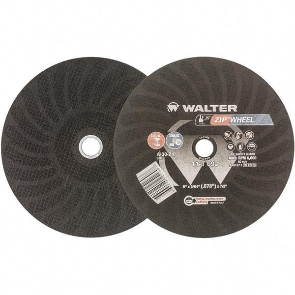 WALTER Surface Technologies - 9" 30 Grit Aluminum Oxide Cutoff Wheel - 5/64" Thick, 7/8" Arbor, 6,800 Max RPM, Use with Angle Grinders - Caliber Tooling