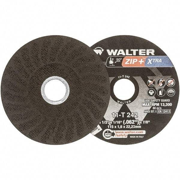 WALTER Surface Technologies - 4-1/2" 46 Grit Aluminum Oxide Cutoff Wheel - 1/16" Thick, 7/8" Arbor, 13,300 Max RPM, Use with Angle Grinders - Caliber Tooling