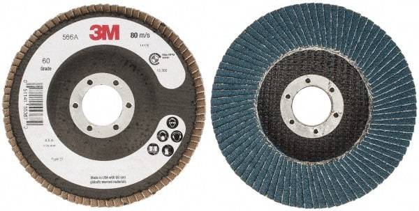 3M - 60 Grit, 4-1/2" Disc Diam, 7/8" Center Hole, Type 27 Zirconia Alumina Flap Disc - 13,300 Max RPM, Cloth Backing, Arbor Attaching System, Coated - Caliber Tooling