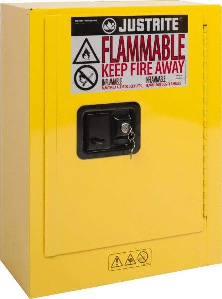 Justrite - 1 Door, 1 Shelf, Yellow Steel Space Saver Safety Cabinet for Flammable and Combustible Liquids - 22" High x 17" Wide x 8" Deep, Manual Closing Door, 2 Gal Capacity - Caliber Tooling