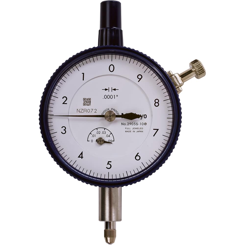 Mitutoyo - Dial Drop Indicators; Maximum Measurement (Decimal Inch): 0.0500 ; Dial Graduation (Decimal Inch): 0.000100 ; Dial Reading: 0-10 ; Dial Diameter (Decimal Inch): 2.2400 ; Accuracy (Decimal Inch): 0.0002 ; Dial Color: White - Exact Industrial Supply