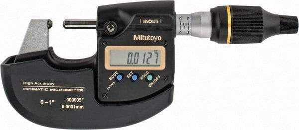 Mitutoyo - 0 to 1" Range, 0" Resolution, Standard Throat, Electronic Outside Micrometer - 0" Accuracy, 0.98" Throat, Ratchet Friction Thimble, CR2032 Battery, Data Output - Caliber Tooling