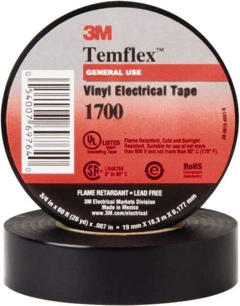 3M - 1" x 66', Black Vinyl Electrical Tape - Series 1700, 7 mil Thick, Over 1000 V/mil Dielectric Strength, 17 Lb./Inch Tensile Strength - Caliber Tooling