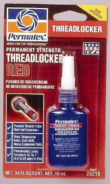 Permatex - 10 mL Bottle, Red, High Strength Liquid Threadlocker - Series 262, 24 hr Full Cure Time, Hand Tool, Heat Removal - Caliber Tooling