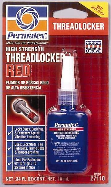 Permatex - 10 mL Bottle, Red, High Strength Liquid Threadlocker - Series 271, 24 hr Full Cure Time, Hand Tool, Heat Removal - Caliber Tooling