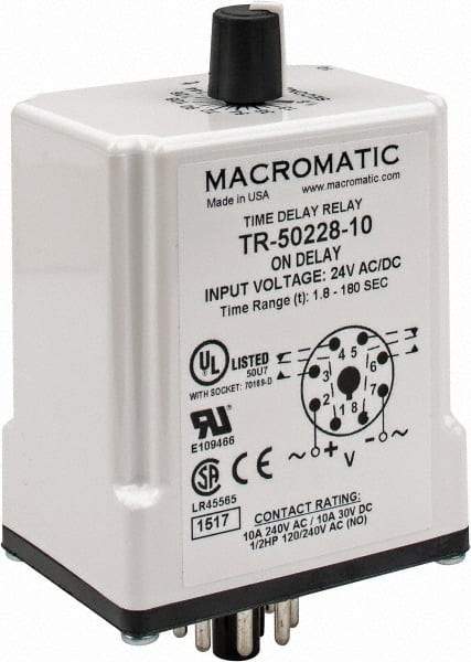 Macromatic - 8 Pin, Multiple Range DPDT Time Delay Relay - 10 Contact Amp, 24 VAC/VDC, Knob - Caliber Tooling