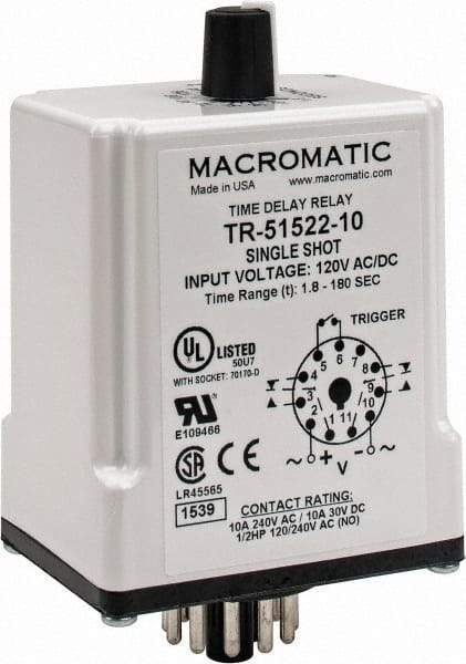 Macromatic - 11 Pin, Multiple Range DPDT Time Delay Relay - 10 Contact Amp, 120 VAC/VDC, Knob - Caliber Tooling