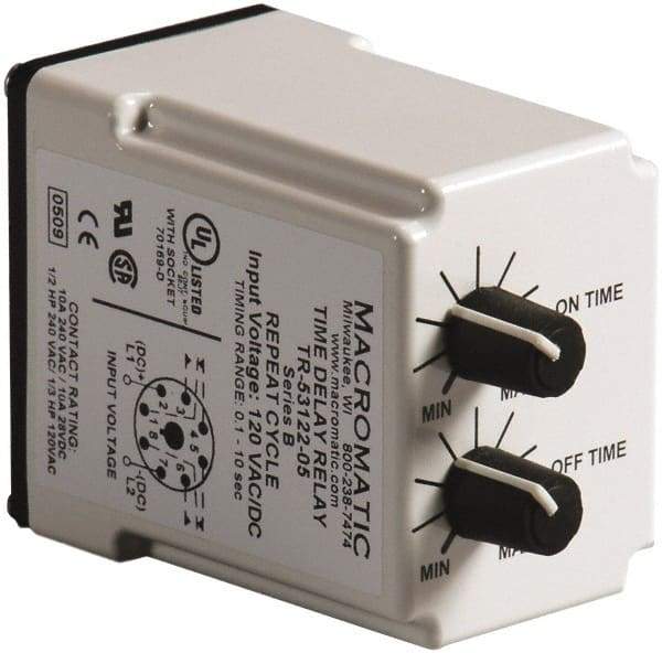 Macromatic - 8 Pin, 10 min Delay, Multiple Range DPDT Time Delay Relay - 10 Contact Amp, 120 VAC/VDC, Knob - Caliber Tooling