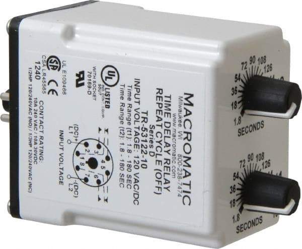 Macromatic - 8 Pin, Multiple Range DPDT Time Delay Relay - 10 Contact Amp, 120 VAC/VDC, Knob - Caliber Tooling