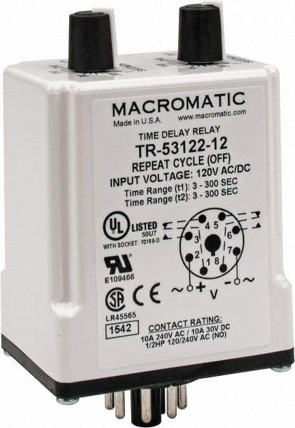 Macromatic - 8 Pin, Multiple Range DPDT Time Delay Relay - 10 Contact Amp, 120 VAC/VDC, Knob - Caliber Tooling