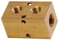 Made in USA - 1/2" Inlet, 3/8" Outlet Manifold - 2-3/4" Long x 1-1/2" Wide x 1-1/2" High, 0.2" Mount Hole, 2 Inlet Ports, 2 Outlet Ports - Caliber Tooling