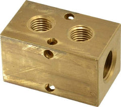 Made in USA - 3/8" Inlet, 1/4" Outlet Manifold - 2.13" Long x 1-1/4" Wide x 1-1/4" High, 0.2" Mount Hole, 2 Inlet Ports, 2 Outlet Ports - Caliber Tooling