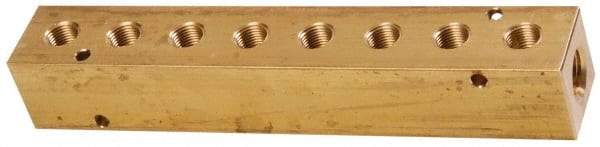 Made in USA - 1/2" Inlet, 3/8" Outlet Manifold - 8-3/4" Long x 1-1/2" Wide x 1-1/2" High, 0.2" Mount Hole, 2 Inlet Ports, 8 Outlet Ports - Caliber Tooling