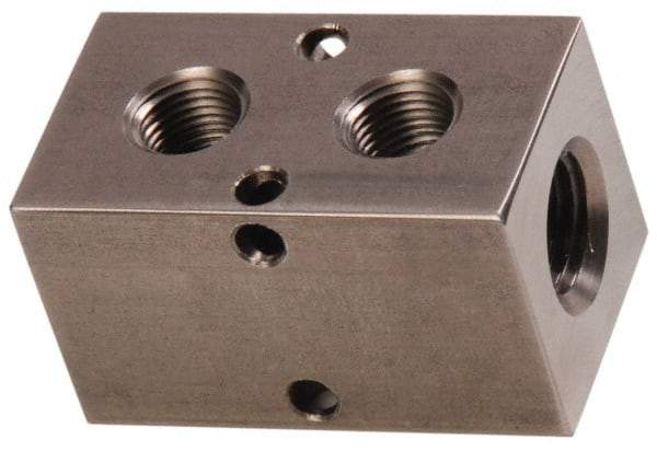 Made in USA - 1/2" Inlet, 3/8" Outlet Manifold - 2-3/4" Long x 1-1/2" Wide x 1-1/2" High, 0.2" Mount Hole, 2 Inlet Ports, 2 Outlet Ports - Caliber Tooling