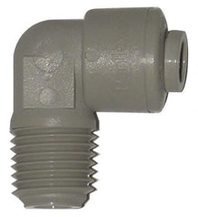 Parker - 1/4" Outside Diam, 1/4 NPTF, Acetal Push-to-Connect Tube Male Swivel Elbow - 300 Max psi, Gray - Caliber Tooling