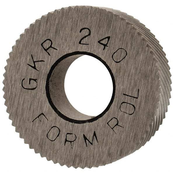 Made in USA - 5/8" Diam, 90° Tooth Angle, 40 TPI, Standard (Shape), Form Type High Speed Steel Right-Hand Diagonal Knurl Wheel - 1/4" Face Width, 1/4" Hole, Circular Pitch, 30° Helix, Bright Finish, Series GK - Exact Industrial Supply