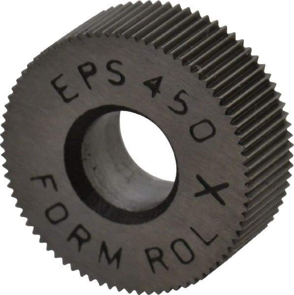 Made in USA - 1/2" Diam, 70° Tooth Angle, 50 TPI, Standard (Shape), Form Type Cobalt Straight Knurl Wheel - 3/16" Face Width, 3/16" Hole, Circular Pitch, Bright Finish, Series EP - Exact Industrial Supply