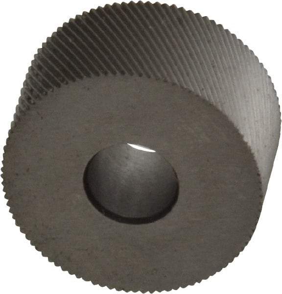 Made in USA - 3/4" Diam, 80° Tooth Angle, Standard (Shape), Form Type High Speed Steel Left-Hand Diagonal Knurl Wheel - 3/8" Face Width, 1/4" Hole, 128 Diametral Pitch, 30° Helix, Bright Finish, Series KP - Exact Industrial Supply