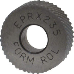 Made in USA - 1/2" Diam, 90° Tooth Angle, 35 TPI, Standard (Shape), Form Type Cobalt Right-Hand Diagonal Knurl Wheel - 3/16" Face Width, 3/16" Hole, Circular Pitch, 30° Helix, Bright Finish, Series EP - Exact Industrial Supply