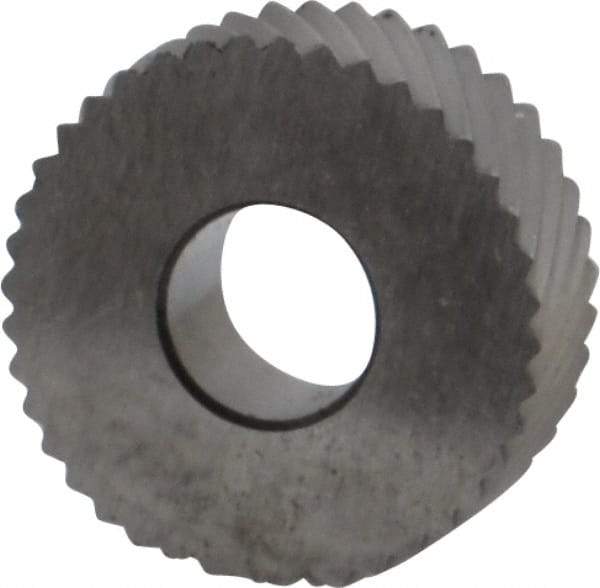 Made in USA - 1/2" Diam, 90° Tooth Angle, 30 TPI, Standard (Shape), Form Type Cobalt Left-Hand Diagonal Knurl Wheel - 3/16" Face Width, 3/16" Hole, Circular Pitch, 30° Helix, Bright Finish, Series EP - Exact Industrial Supply