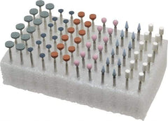 Grier Abrasives - 72 Piece Aluminum Oxide Vitrified Mounted Stone Abrasive Point Set - Fine Grade, 3/32" Diam x 1-1/2" Long Shank - Caliber Tooling