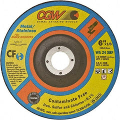 Camel Grinding Wheels - 24 Grit, 4-1/2" Wheel Diam, 1/8" Wheel Thickness, Type 27 Depressed Center Wheel - Coarse Grade, Aluminum Oxide, Resinoid Bond, 13,300 Max RPM - Caliber Tooling