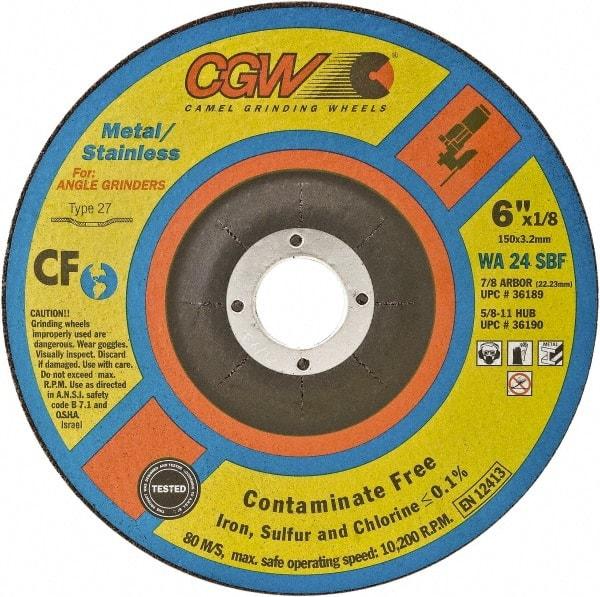 Camel Grinding Wheels - 24 Grit, 6" Wheel Diam, 1/8" Wheel Thickness, 7/8" Arbor Hole, Type 27 Depressed Center Wheel - Coarse Grade, Aluminum Oxide, Resinoid Bond, 10,200 Max RPM - Caliber Tooling