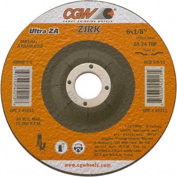 Camel Grinding Wheels - 24 Grit, 6" Wheel Diam, 1/8" Wheel Thickness, 7/8" Arbor Hole, Type 27 Depressed Center Wheel - Coarse Grade, Zirconia Alumina, Resinoid Bond, 10,200 Max RPM - Caliber Tooling