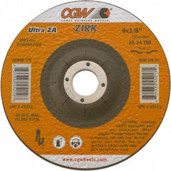 Camel Grinding Wheels - 24 Grit, 6" Wheel Diam, 1/8" Wheel Thickness, 7/8" Arbor Hole, Type 27 Depressed Center Wheel - Coarse Grade, Zirconia Alumina, Resinoid Bond, 10,200 Max RPM - Caliber Tooling