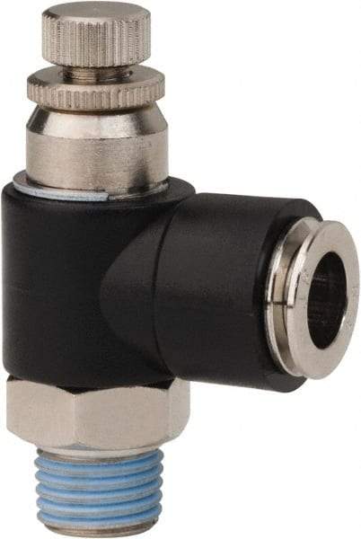 PRO-SOURCE - 1/4" NPT x 3/8" Tube OD Right Angle Flow Control Valve - 0 to 113.76 psi & Techno Polymer, Brass, Steel Material - Caliber Tooling