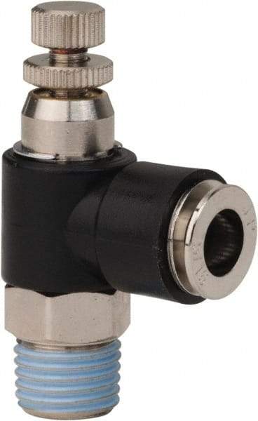 PRO-SOURCE - 1/4" NPT x 5/16" Tube OD Right Angle Flow Control Valve - 0 to 113.76 psi & Techno Polymer, Brass, Steel Material - Caliber Tooling