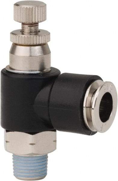 PRO-SOURCE - 1/8" NPT x 5/16" Tube OD Right Angle Flow Control Valve - 0 to 113.76 psi & Techno Polymer, Brass, Steel Material - Caliber Tooling