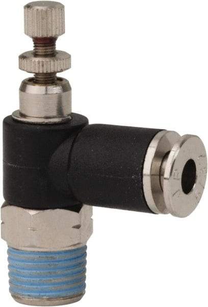 PRO-SOURCE - 1/8" NPT x 5/32" Tube OD Right Angle Flow Control Valve - 0 to 113.76 psi & Techno Polymer, Brass, Steel Material - Caliber Tooling