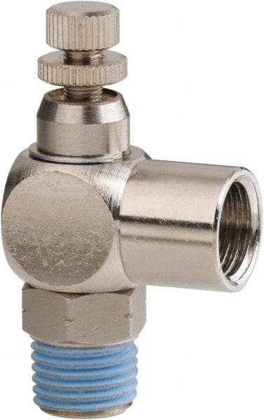 PRO-SOURCE - 1/4" Male NPT x 1/4" Female NPT Right Angle Flow Control Valve - 0 to 113.76 psi & Nickel Plated Brass Material - Caliber Tooling