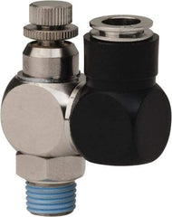 Value Collection - 1/4" Male NPT x 3/8" Tube OD Flow Control Offset Inline Valve - 0 to 113.76 psi & Techno Polymer, Brass, Steel Material - Caliber Tooling